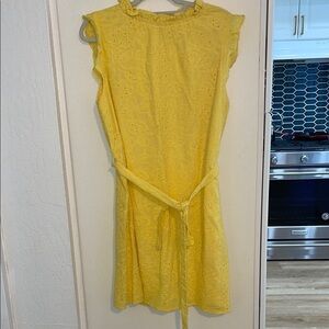 Nanette Lepore Yellow Eyelet Midi Dress Mock Neck Flutter Sleeveless | 14